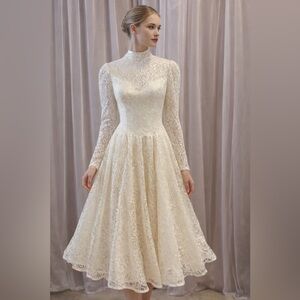 1970 Vintage Lace Tea-Length long sleeve wedding dress Dress in Ivory